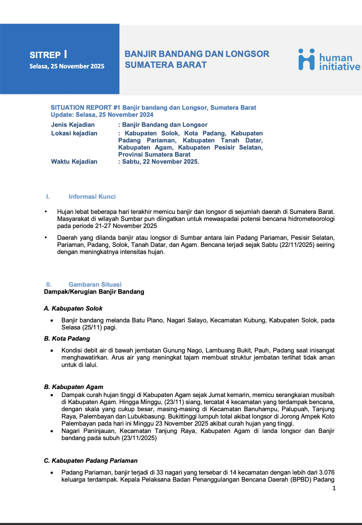 Sitrep #1 Banjir dan Longsor Sumatera Barat