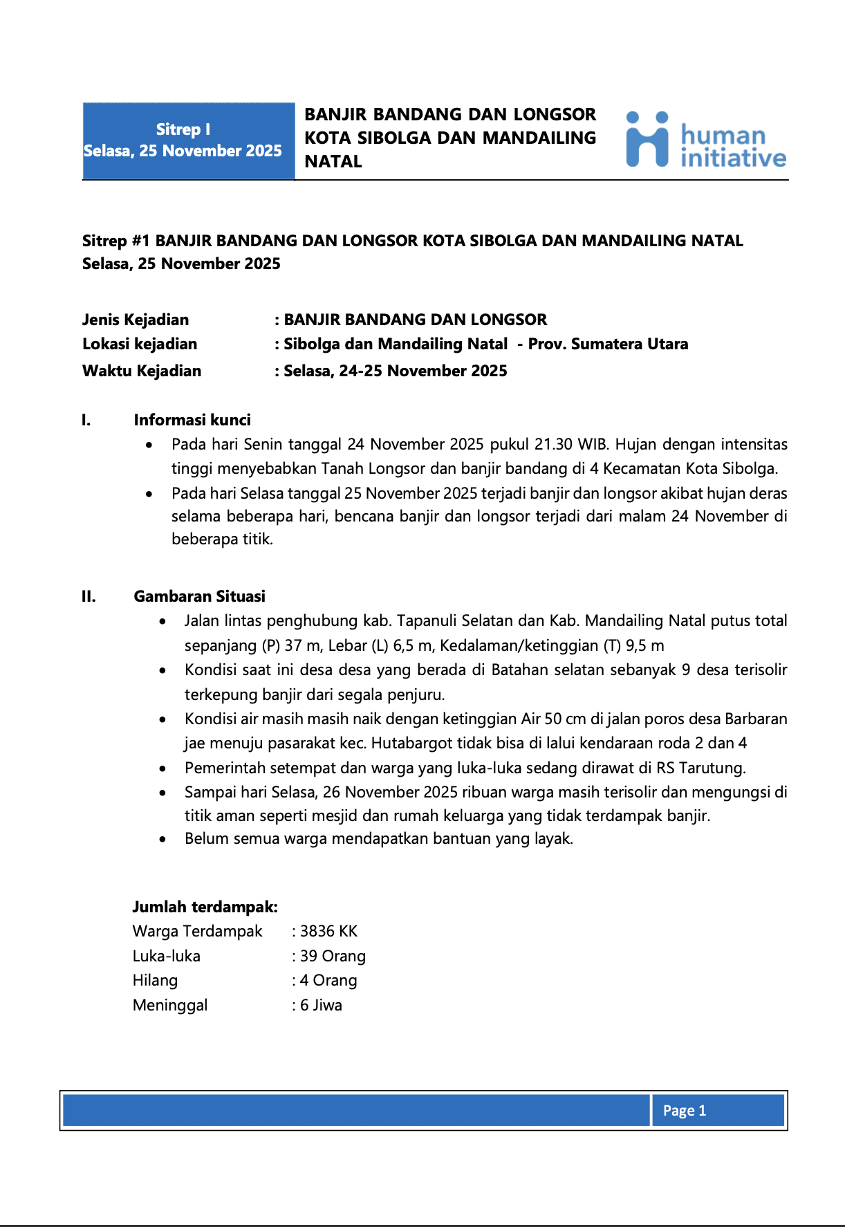 SITREP 01 Banjir Bandang dan Longsor Kota Sibolga dan Mandailing Natal