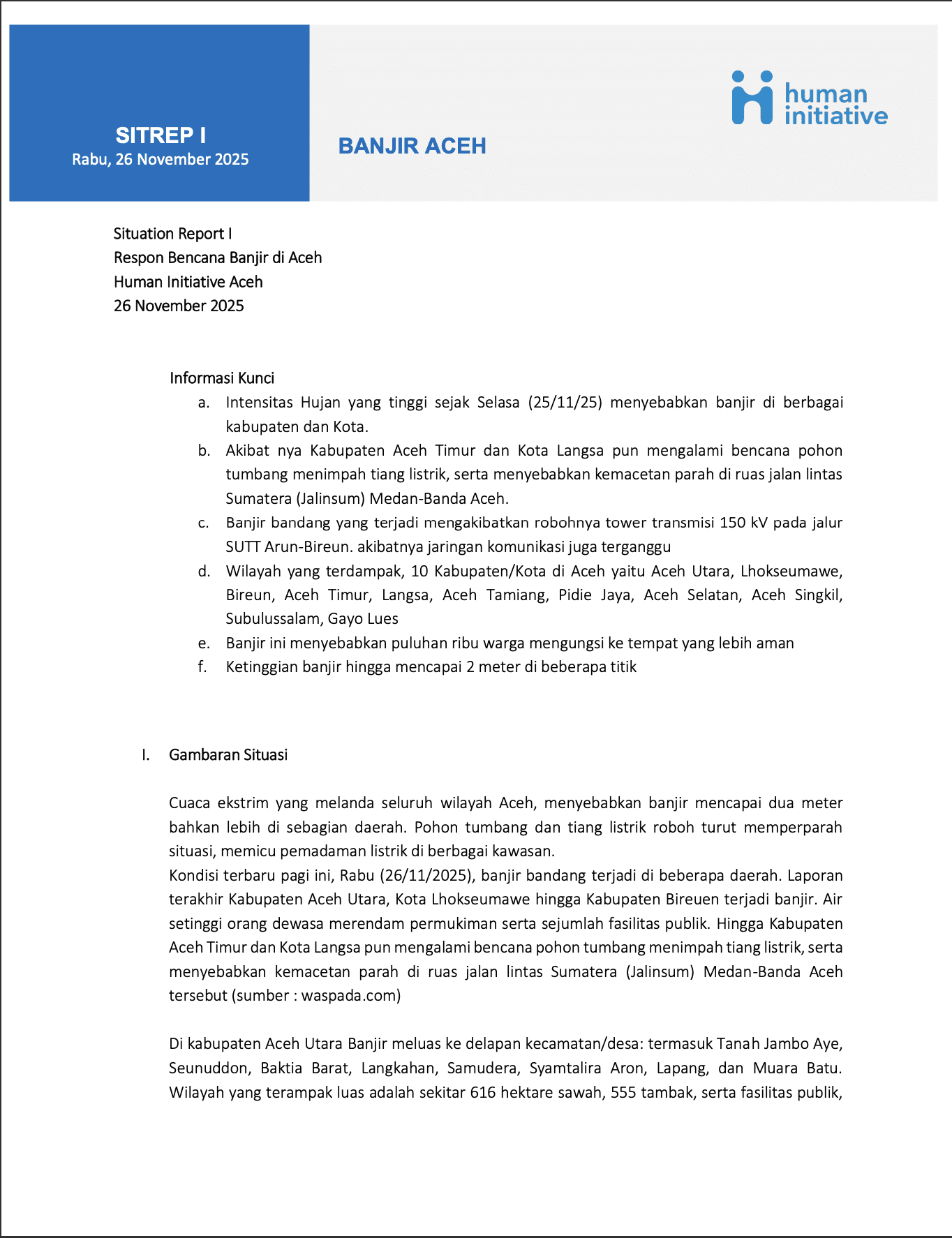 Sitrep #1 Banjir Aceh