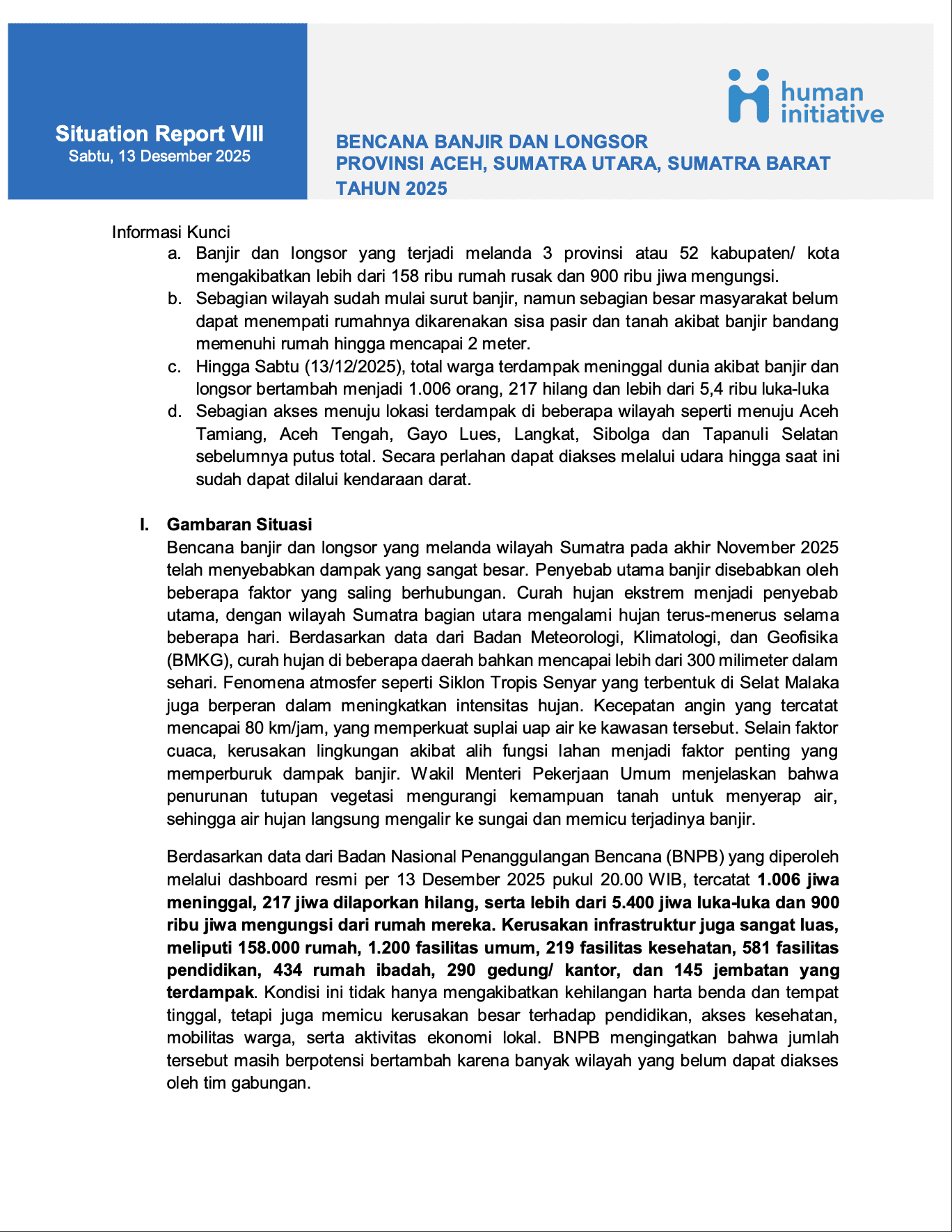 SITREP #8 Banjir dan Longsor Provinsi Aceh, Sumatra Utara, Sumatra Barat